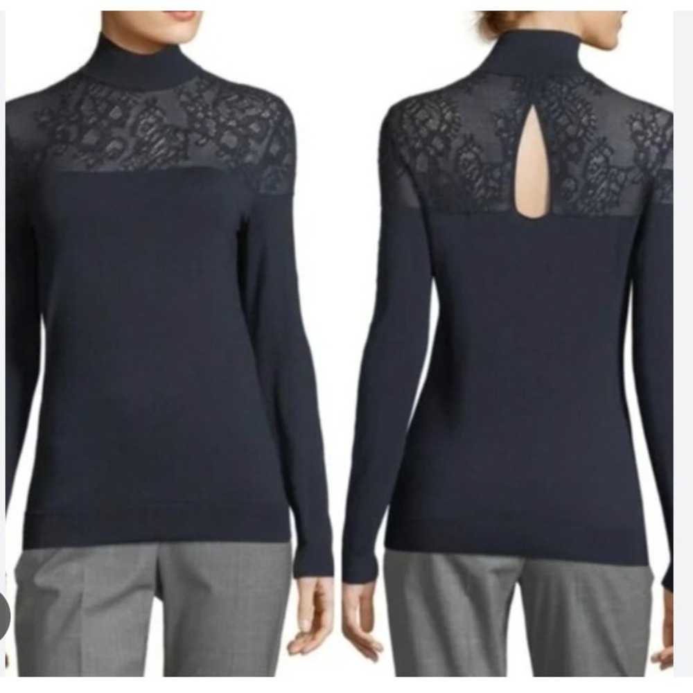 Lafayette 148 NY Silk-Blend Mock Neck‎ Sweater, Lace Detail, Keyhole, Navy, XL